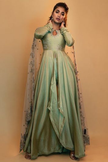 Green Taffeta Silk Embroidered Wedding Anarkali Suit