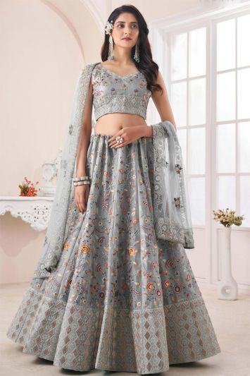 Grey Art Silk Zarkan Work Lehenga Choli