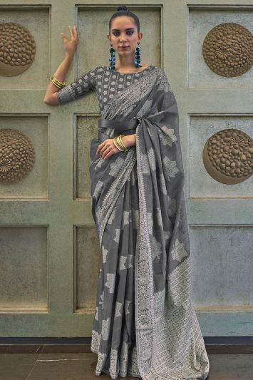 Grey Color Chikankari Lucknowi Silk Fabric Designer Saree