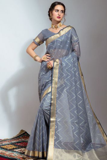 Grey Color Linen Fabric Saree with Zari Border