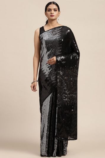Grey Heavy Georgette Fancy Embroidered Saree