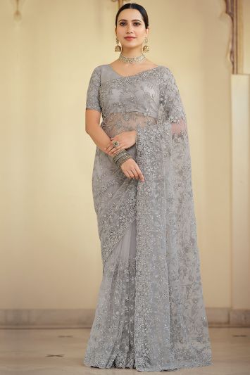 Grey Soft Net Partywear Saree with Dori Work