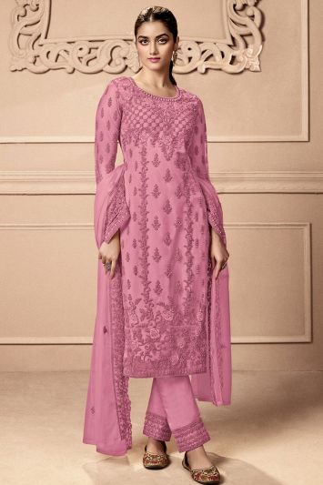 Heavy Butterfly Net Fabric Designer Straight Pant Suit in Pink Color