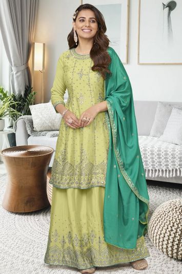 Heavy Chinon Designer Sharara Suit in Lemon Green