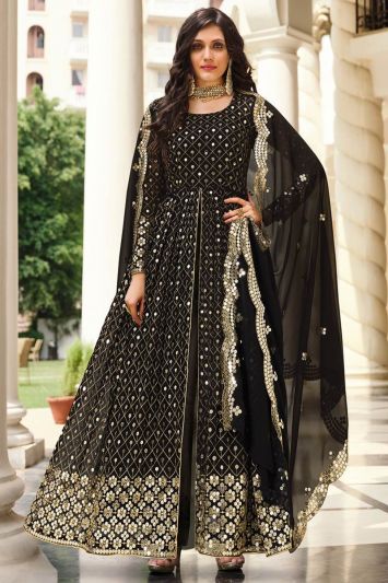 Heavy Designer Black Color Real Georgette Fabric Anarkali Suit