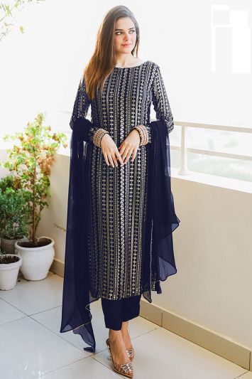 Heavy Embroidered Georgette Trouser Suit in Blue Color