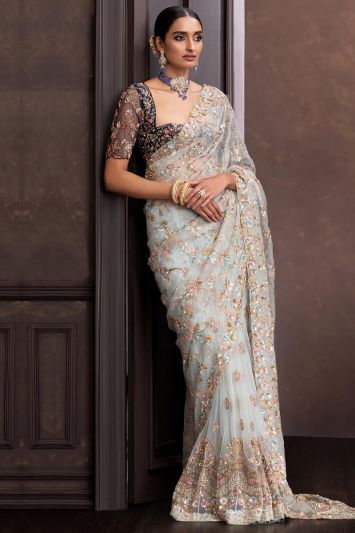 Heavy Embroidered Light Blue Georgette Fabric Saree