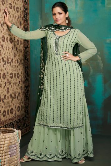 Heavy Faux Georgette Light Green Sharara Suit For Eid