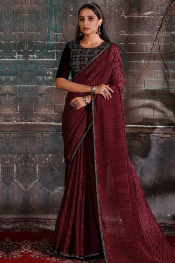 Heavy Satin Georgette Bridal Saree in Maroon Color