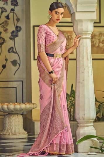 Jacquard Woven Soft Linen Fabric Saree in Pink Color