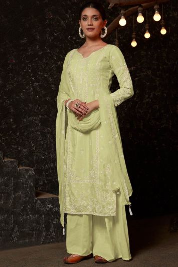 Lakhnavi Pure Muslin Fabric Palazzo Suit in Light Lime Color