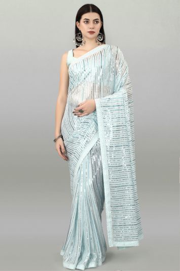 Light Blue Heavy Georgette Fabric Saree