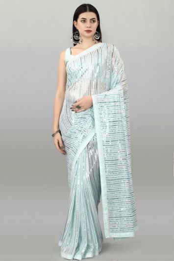 Light Blue Heavy Georgette Fabric Saree