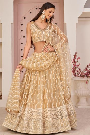 Light Brown Butterfly Net Embroidered Lehenga