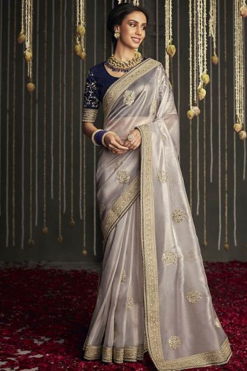 Light Grey Color Silk Fabric Saree with Lace Border