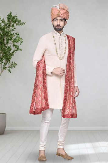 Light Pink Art Silk Wedding Wear Sherwani with Churidar 