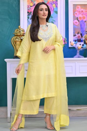 Light Yellow Silk Paksitani Palazzo Suit