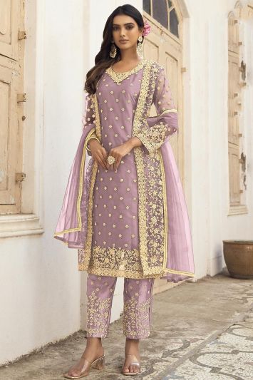 Lilac Color Butterfly Net Fabric Eid Wear Straight Pant Suit