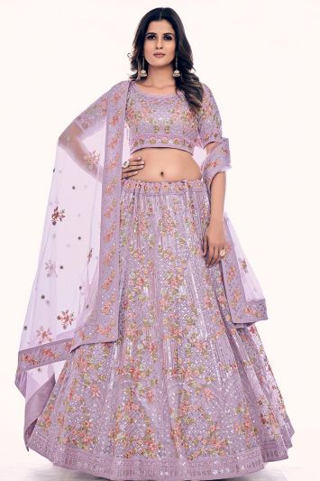 Lilac Color Soft Net Fabric Lehenga Choli with Dori Work