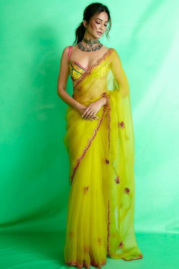 Lime Green Net Designer Saree