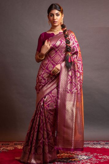 Magenta Color Banarasi Silk Blended Saree with Jacquard Woven Work