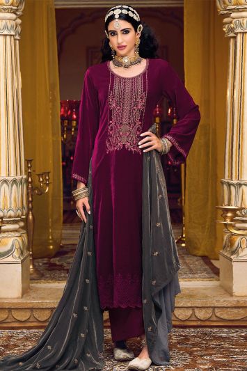Magenta Color Velvet Fabric Party Wear Palazzo Suit