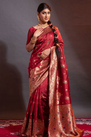 Maroon Color Banarasi Silk Blended Jacquard Woven Saree