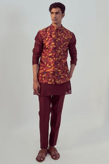 Maroon Color Cotton Fabric Kurta Pajama with Jacket