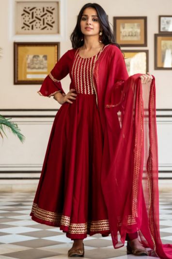 Maroon Color Silk Fabric Anarkali Suit with Zari Work