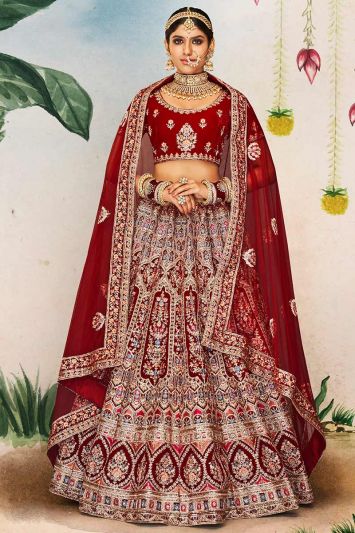 Maroon Color Velvet Fabric Lehenga Choli For Bride