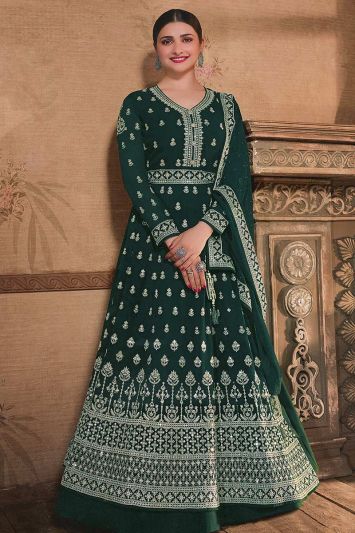 Mehndi Functional Faux Georgette Fabric Anarkali Suit in Green Color