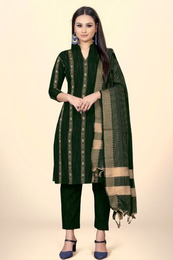 Mehndi Functional Green Color Cotton Jacquard Fabric Straight Pant Suit