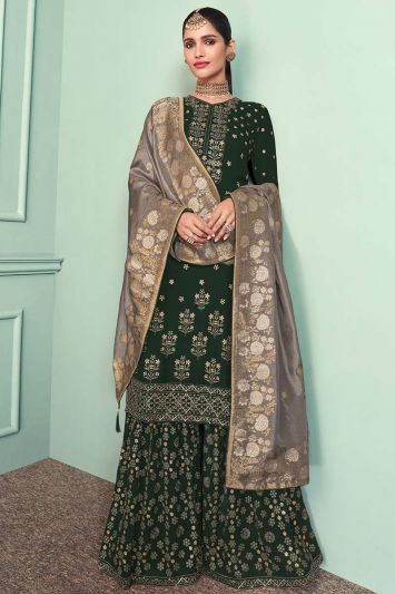 Mehndi Functional Green Color Faux Georgette Fabric Sharara Suit