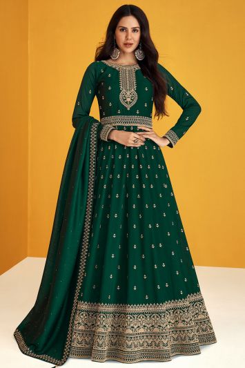 Mehndi Functional Premium Silk Anarkali Suit in Green Color