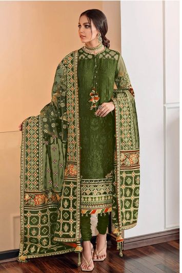 Mehndi Green Color Georgette Fabric Churidar Suit
