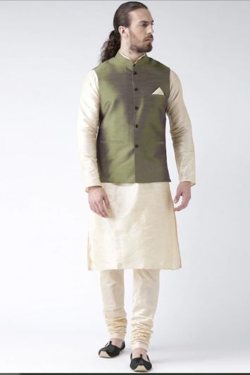 Men Green Dupion Silk Kurta with Churidar and Jacket