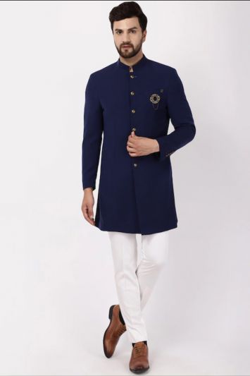Men Navy Blue and White Solid Slim Fit Bandhgala Suit