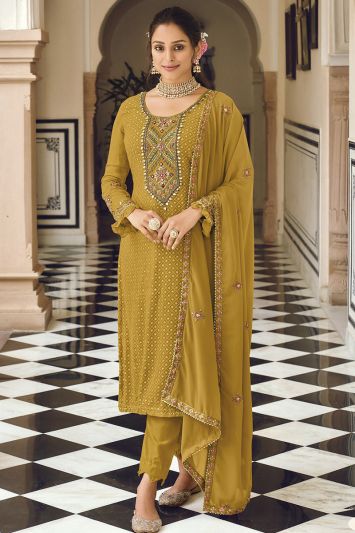 Mustard Color Heavy Faux Georgette Fabric Straight Pant Suit