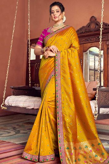 Mustard Color Silk Fabric Weaving Saree