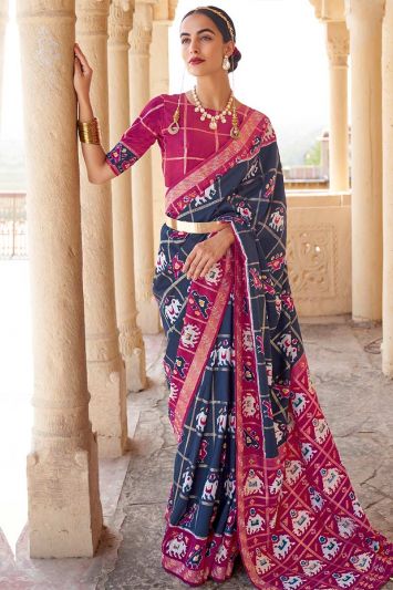 Navy Blue and Pink Color Patola Silk Fabric Saree