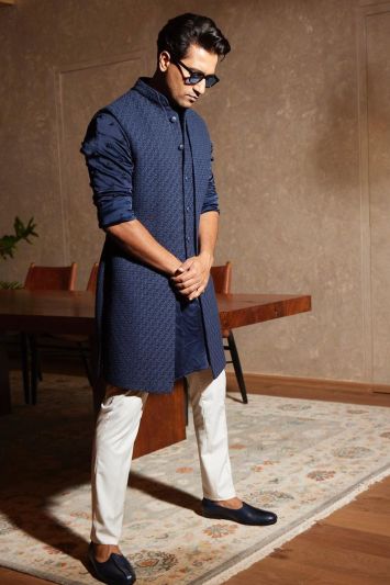 Navy Blue Color Jacquard Silk Fabric Indo Western