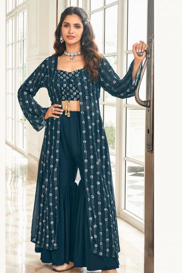 Navy Blue Color Pure Faux Georgette Fabric Sharara Suit With Jacket