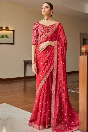 Neon Pink Organza Fabric Party Wear Saree with Art Silk Blouse