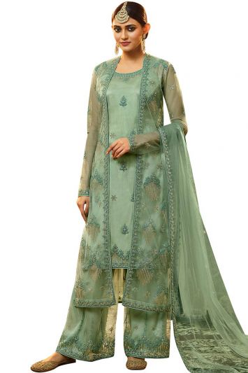 Net Fabric Green Colored Palazzo Suit with Coding Work