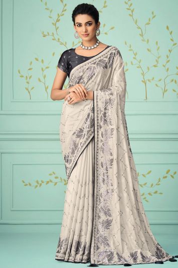 Off-White Silk Sequins Fancy Saree