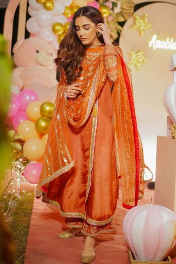 Orange Color Art Silk Fabric Eid Wear Palazzo Suit