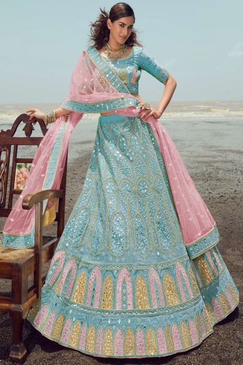 Organza Fabric Party Wear Lehenga Choli in Turquoise Color