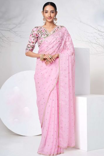 Organza Fabric Party Wear Saree in Baby Pink Color