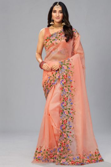 Organza Fabric Zari Saree in Peach Color