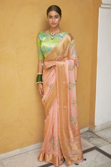 Organza Silk Fabric Embroidered Saree in Peach Color